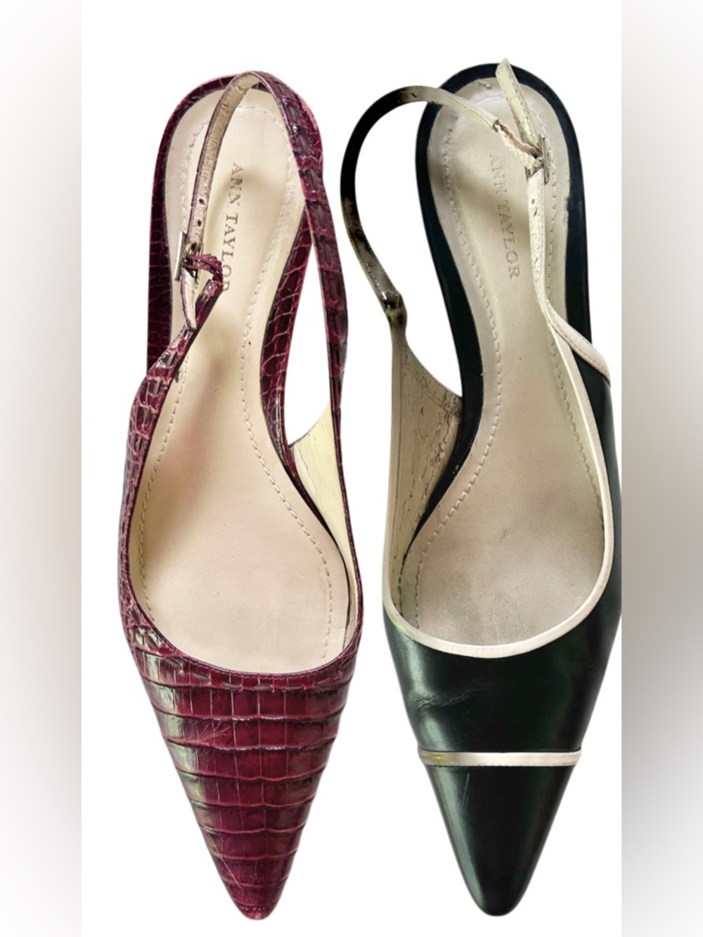 ANN TAYLOR 2 Pairs of Leather Slingback Pumps Heels, Size 8.5, Black, Burgundy